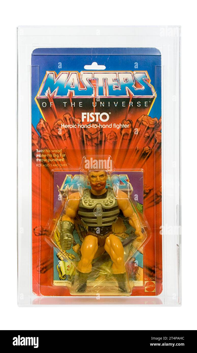 1984 Mattel Masters of The Universe Series 3 Fisto (Black Boots Variant) Carded Action Figure AFA 70-Y Stock Photo