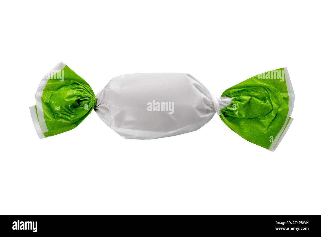 Candy wrapped with green and white paper, close up isolated on white with clipping path included Stock Photo