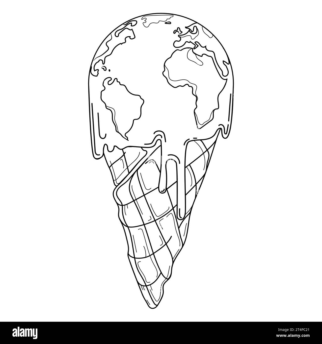 Climate change and global warming concept. Planet Earth in a waffle cone is melting like ice cream due to global warming and atmospheric pollution. Stock Vector