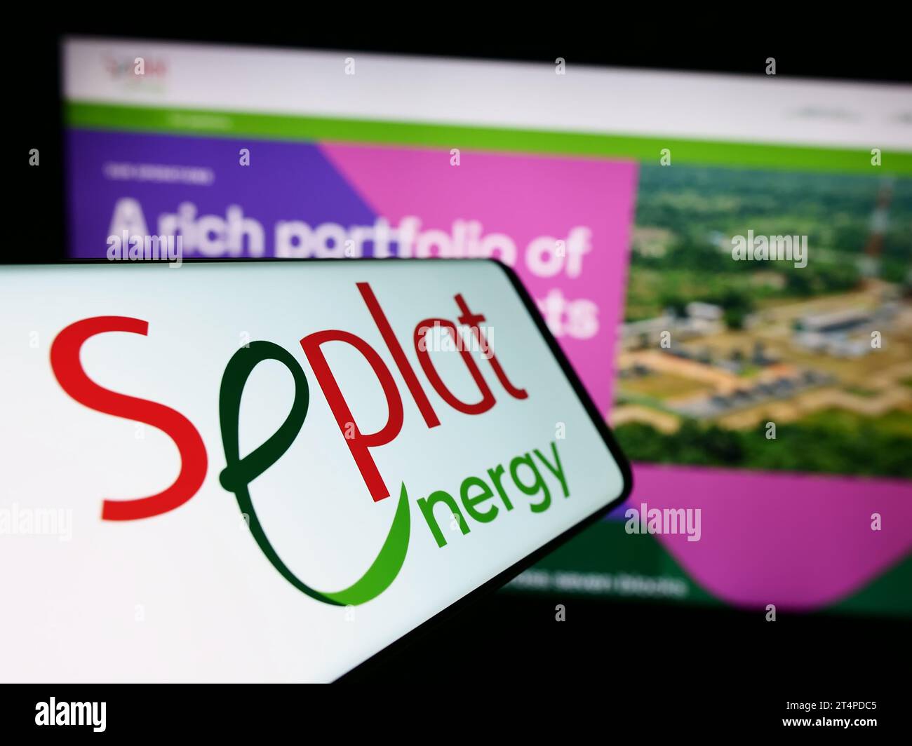 Cellphone with logo of Nigerian oil company Seplat Energy plc in front of business website. Focus on center of phone display. Stock Photo