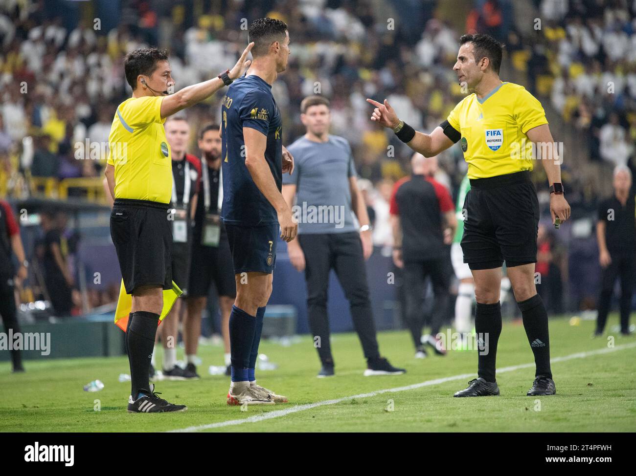 Cristiano Ronaldo of Al Nassr FC argues with referee during their Round 16 of the SAFF Saudi Arabia KingÕs Cup 2023-24 match between Al Nassr FC and Al Ettifaq FC at Al Awwal Park Stadium on October 31, 2023 in Riyadh, Saudi Arabia. Photo by Victor Fraile / Power Sport Images Stock Photo
