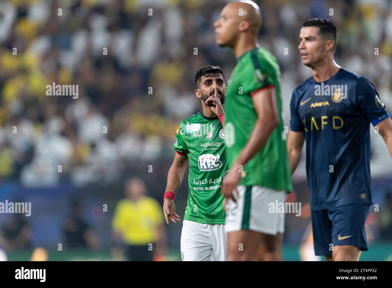 Mohammed Al-Kuwaykibi of Al Ettifaq FC respond to chants from the Al-Ettifaq faithful calling out Lionel Messi's name during their Round 16 of the SAFF Saudi Arabia KingÕs Cup 2023-24 match between Al Nassr FC and Al Ettifaq FC at Al Awwal Park Stadium on October 31, 2023 in Riyadh, Saudi Arabia. Photo by Victor Fraile / Power Sport Images Stock Photo