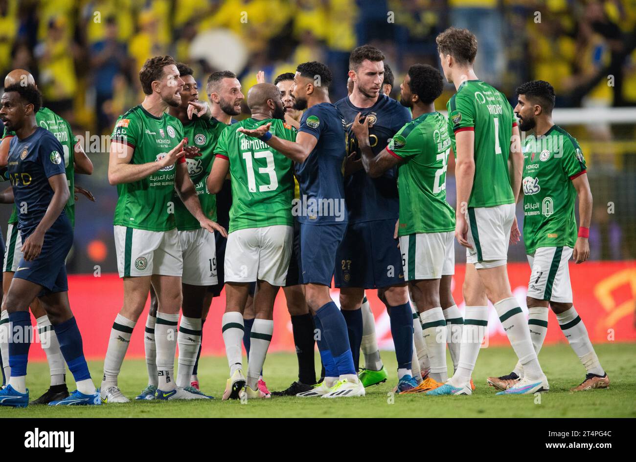 Players argue after referee shows red car to Ali Hazazi of Al Ettifaq FC during their Round 16 of the SAFF Saudi Arabia KingÕs Cup 2023-24 match between Al Nassr FC and Al Ettifaq FC at Al Awwal Park Stadium on October 31, 2023 in Riyadh, Saudi Arabia. Photo by Victor Fraile / Power Sport Images Stock Photo