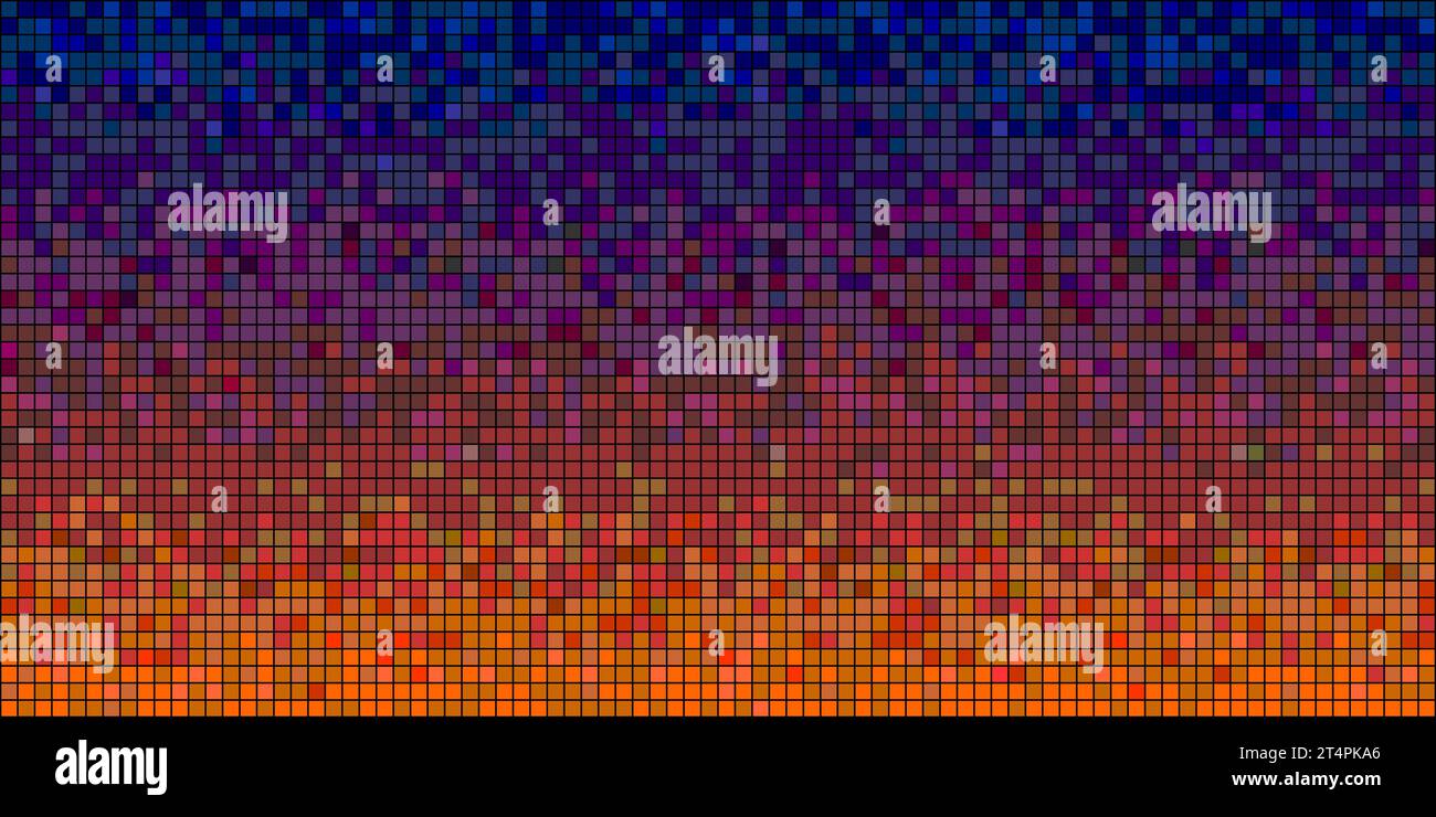 Pixel sunset sky with a bright gradient from orange to purple and dark blue in retro game style with dithering. Abstract mosaic background with a patt Stock Vector
