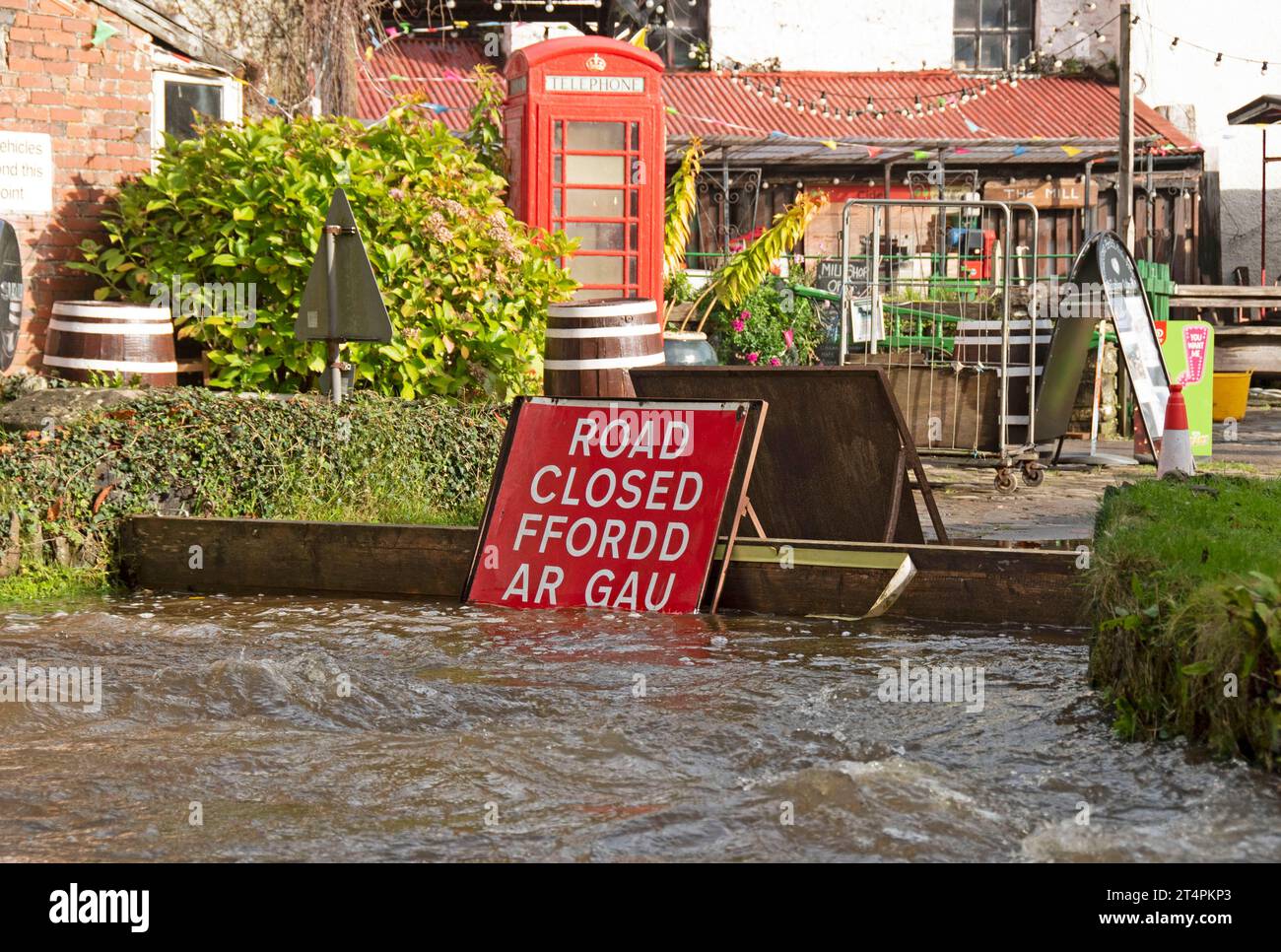 Swansea, UK. 01st Nov, 2023. The road outside the Gower Heritage Centre, Swansea is blocked off due to flooding today as Storm Ciarán moves across the UK bringing high winds and torrential rain. Credit: Phil Rees/Alamy Live News Stock Photo