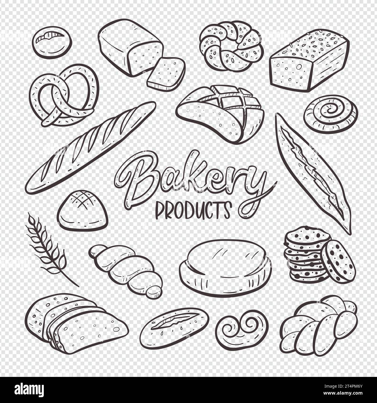 Bread and bakery products isolated on white background. Hand-drawn doodle illustration. Bakery good set. Vector illustration. Set 1 of 2. Stock Vector