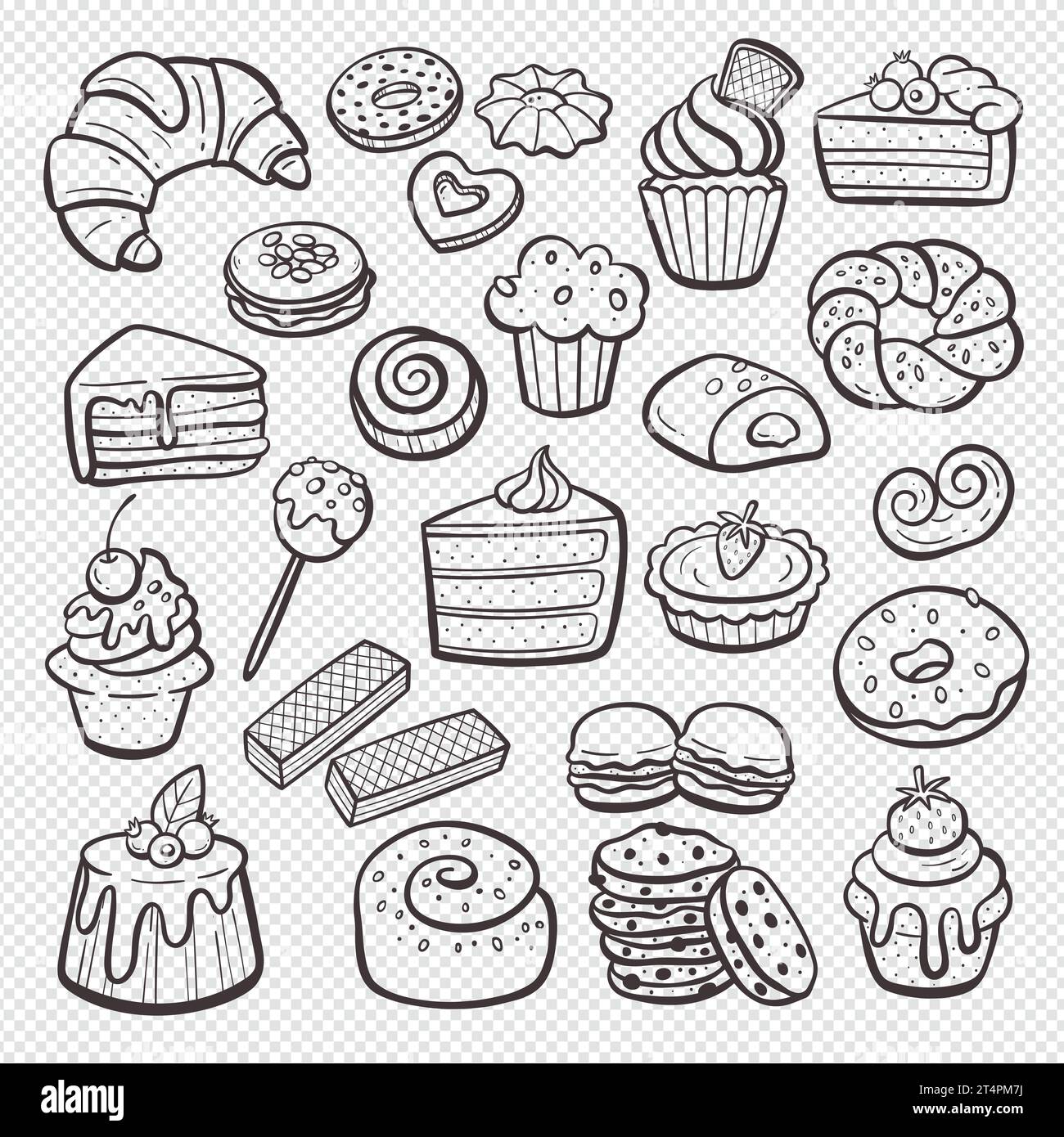 Dessert products isolated on white background. Cupcakes, sweets, ice creams, and pastries. Hand-drawn illustration. Isolated doodle items. Vector illu Stock Vector