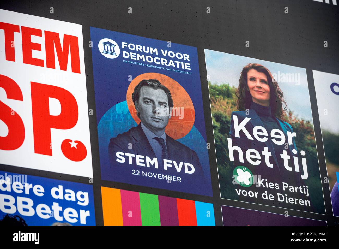 Amsterdam The Netherlands 1st November 2023. Party political posters of the parties taking part in the upcoming Dutch Parliamentary elections. On November 22nd the Dutch heads to the polls to vote for the second chamber of parliament. Poster Forum voor Democratie FVD with an image of leader Thierry Baudet verkiezing, verkiezingen, 2de, tweede, kamer, poster, posters, partij, Stock Photo