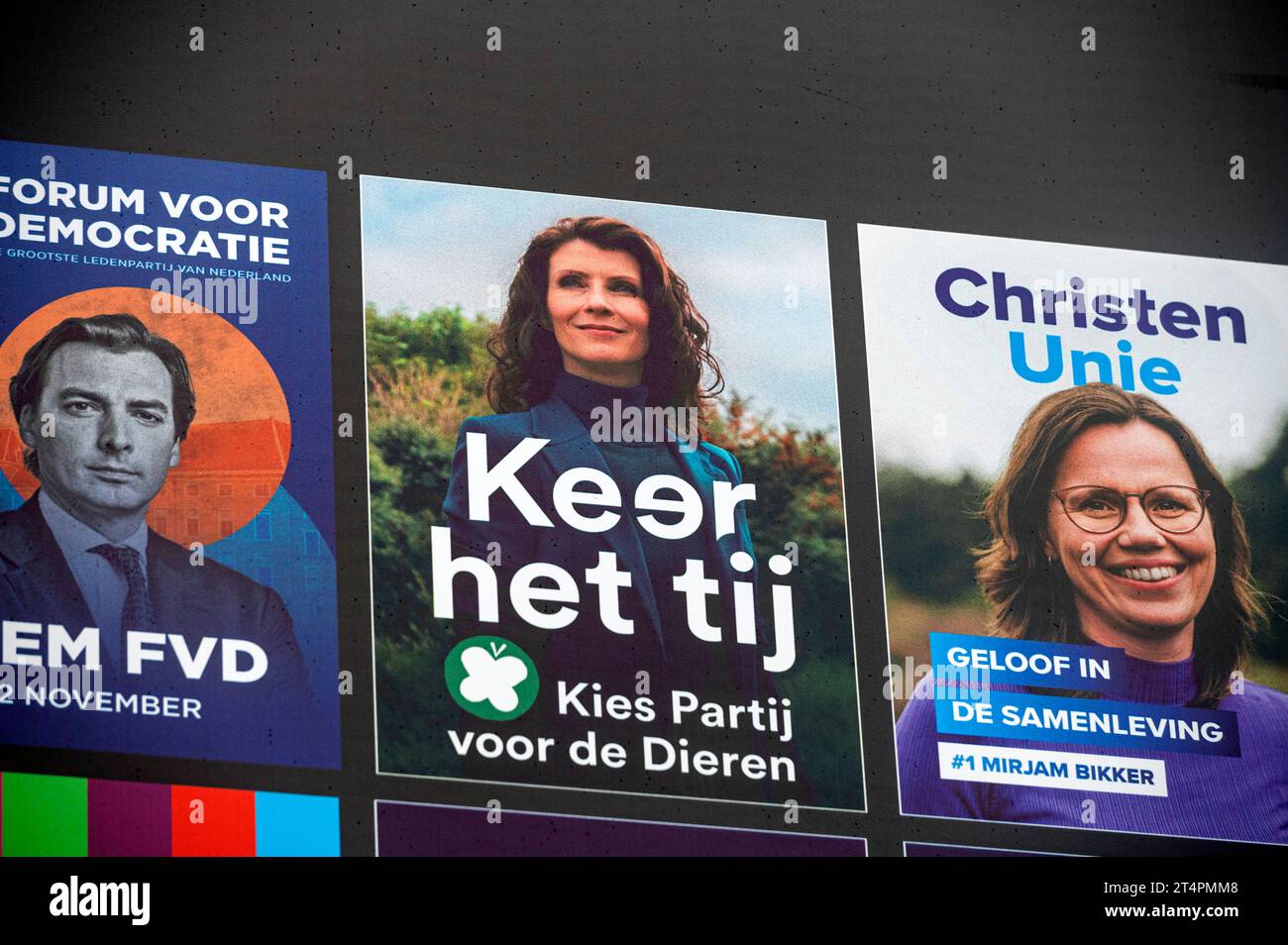 Amsterdam The Netherlands 1st November 2023. Party political posters of the parties taking part in the upcoming Dutch Parliamentary elections. On November 22nd the Dutch heads to the polls to vote for the second chamber of parliament. Poster Keer het tij, Kies Partij voor de Dieren - Turns the tide Choose Partij voor de Dieren with image of leader Esther Ouwehand. Pvdd verkiezing, verkiezingen, 2de, tweede, kamer, poster, posters, partij, Stock Photo