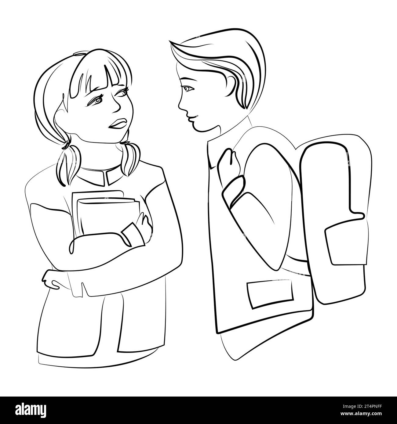 Two schoolchildren kids boy and girl talking near school Line art drawing sketch.Back to school concept.Girl with books and boy with backpack Stock Vector