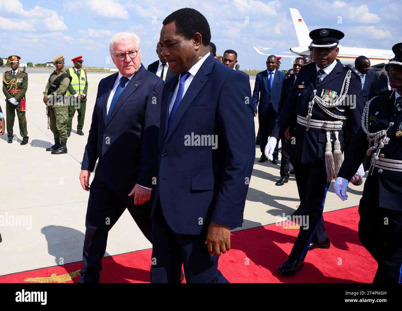Lusaka, Zambia. 01st Nov, 2023. German President Frank-Walter Steinmeier is welcomed with military honors by Hakainde Hichilema, President of Zambia, at Kenneth Kaunda International Airport in Lusaka. President Steinmeier is visiting the East African countries of Tanzania and Zambia this week. Credit: Bernd von Jutrczenka/dpa/Alamy Live News Stock Photo
