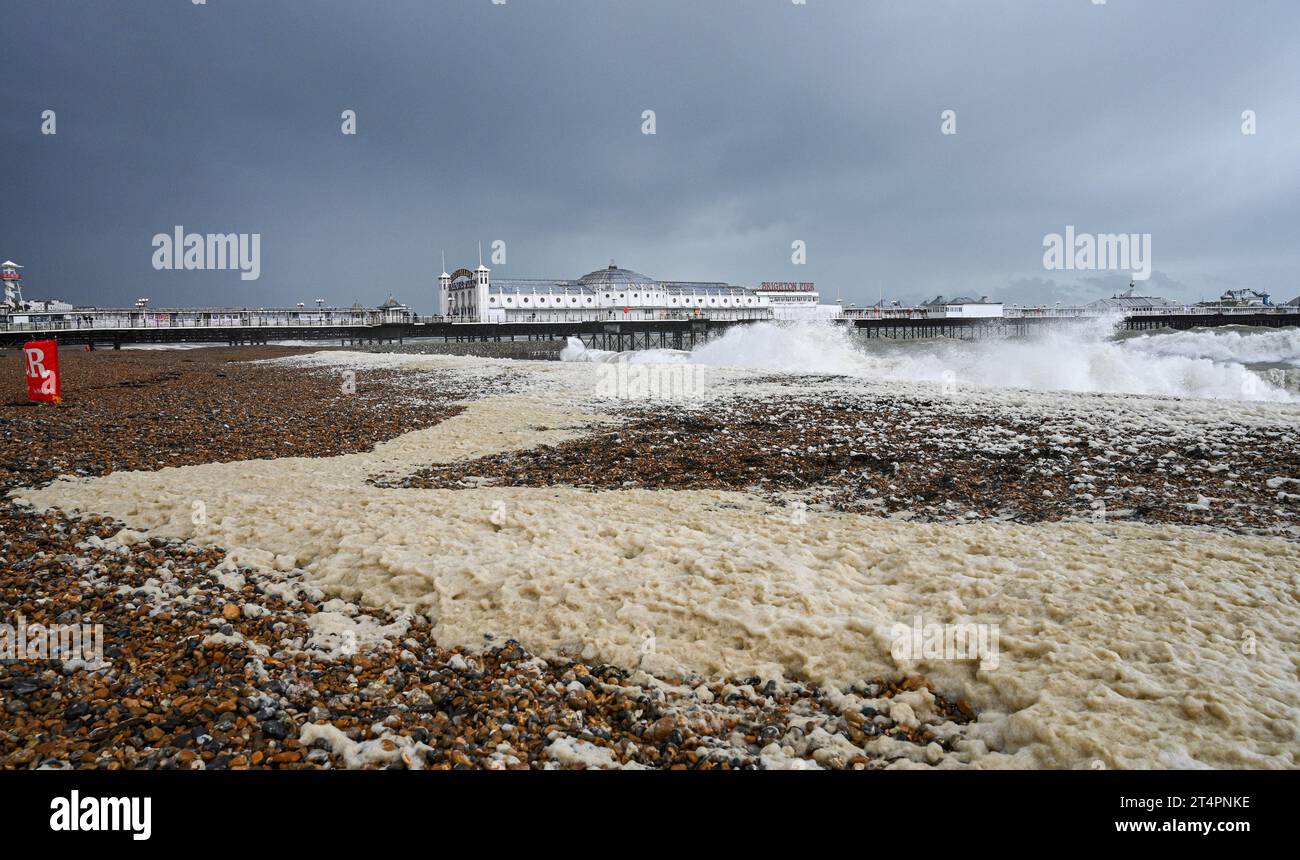 Brighton UK 1st November 2023 Waves crash onto Brighton seafront in