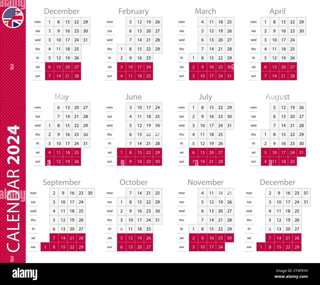 2024 calendar with vertical grid. Vector calendar template Stock Vector ...