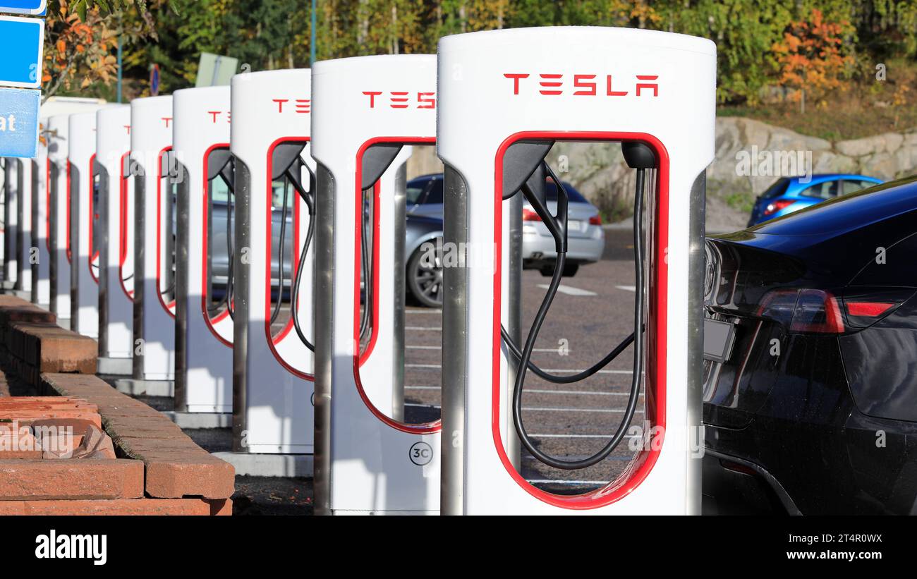 Recently opened (September 28, 2023) Tesla Supercharger charging station Salo, Finland with 12 ev charging points. Salo, Finland. October 15, 2023. Stock Photo