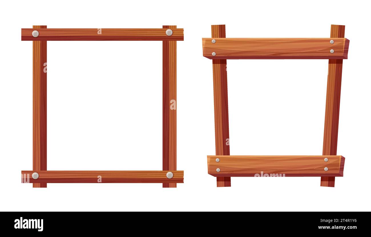 Set wooden frames borders from planks with rope and nails. Wood boards, brown old planks and panels with splits, game ui design. Vector illustration Stock Vector