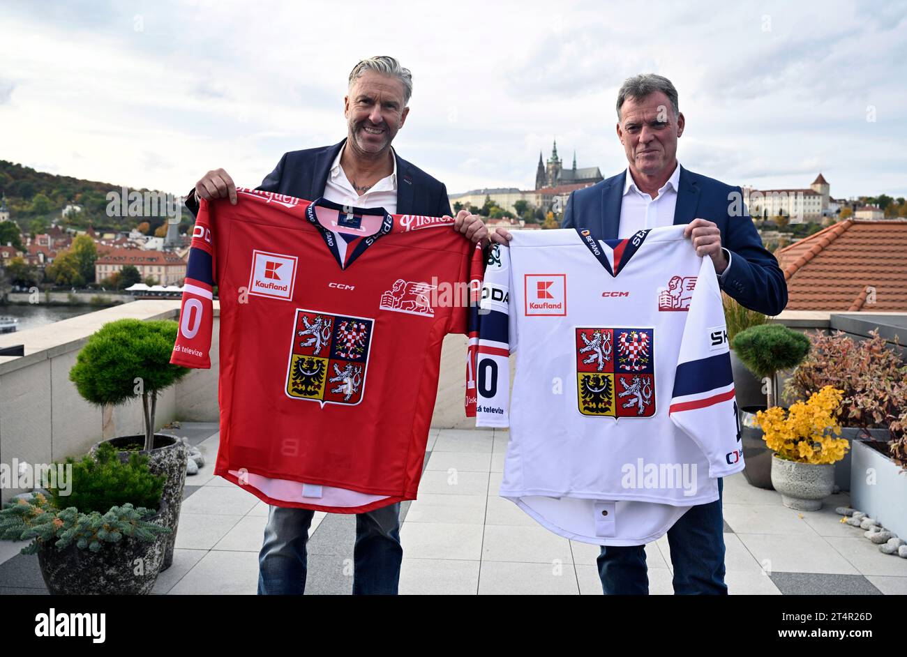Prague, Czech Republic. 01st Nov, 2023. Czech national ice hockey team general manager Petr Nedved, left, and head coach of the national team Radim Rulik, right, show new national jersey during the press conference to announce Czech ice-hockey team's roster for Karjala hockey tournament, part of Euro Hockey Tour, in Prague, Czech Republic, November 1, 2023. Credit: Katerina Sulova/CTK Photo/Alamy Live News Stock Photo