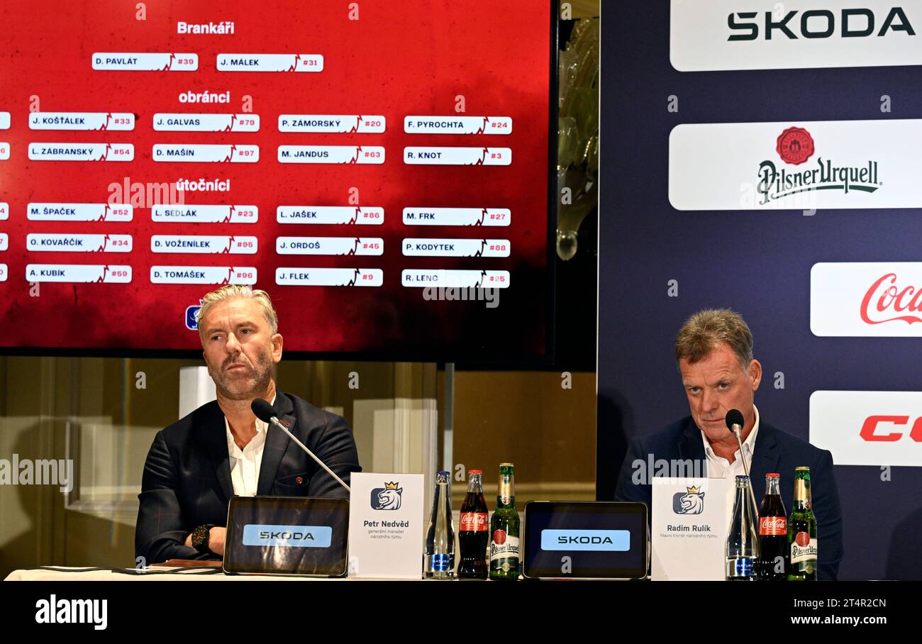 Prague, Czech Republic. 01st Nov, 2023. Czech national ice hockey team general manager Petr Nedved, left, and head coach of the national team Radim Rulik, right, attend the press conference to announce Czech ice-hockey team's roster for Karjala hockey tournament, part of Euro Hockey Tour, in Prague, Czech Republic, November 1, 2023. Credit: Katerina Sulova/CTK Photo/Alamy Live News Stock Photo