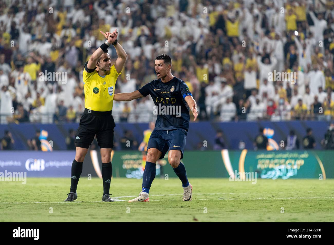 Cristiano Ronaldo of Al Nassr FC argues with referee during their Round 16 of the SAFF Saudi Arabia King's Cup 2023-24 match between Al Nassr FC and Al Ettifaq FC at Al Awwal Park Stadium on October 31, 2023 in Riyadh, Saudi Arabia. Photo by Victor Fraile / Power Sport Images Stock Photo