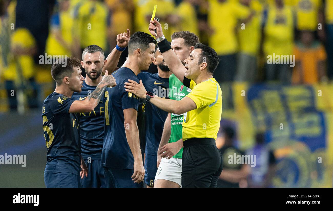 Cristiano Ronaldo of Al Nassr FC argues with referee during their Round 16 of the SAFF Saudi Arabia King's Cup 2023-24 match between Al Nassr FC and Al Ettifaq FC at Al Awwal Park Stadium on October 31, 2023 in Riyadh, Saudi Arabia. Photo by Victor Fraile / Power Sport Images Stock Photo