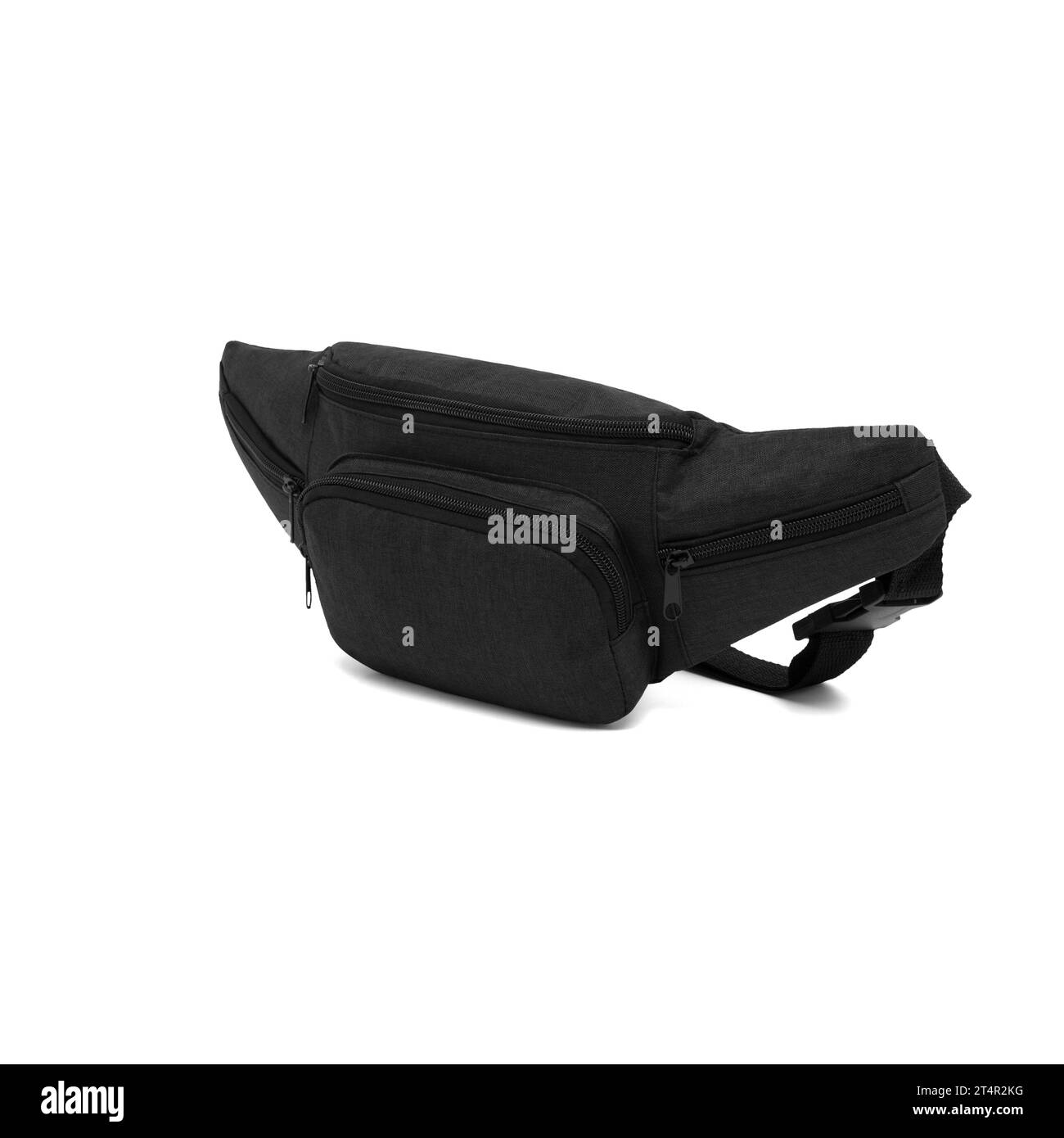 unisex waist bag (money belt) with zipper , side view, blank, mock-up, clipping path isolated on white background. black color. Stock Photo