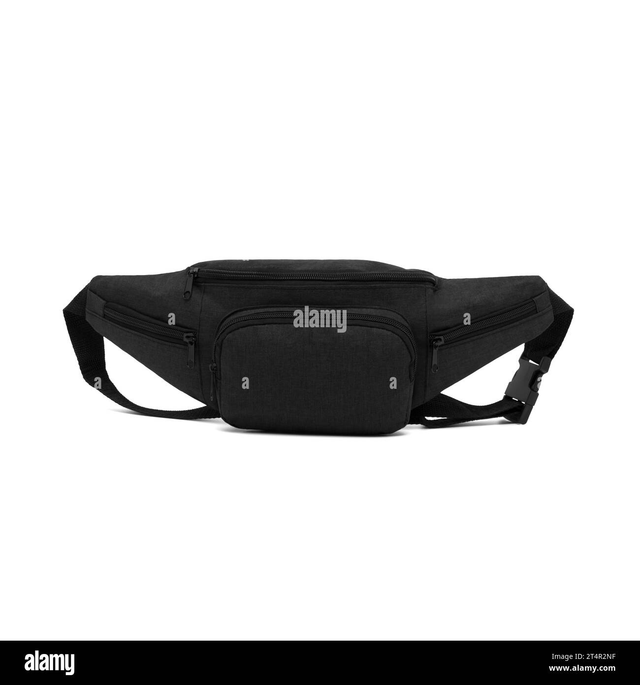 unisex waist bag (money belt) with zipper , front view, blank, mock-up, clipping path isolated on white background. black color. Stock Photo