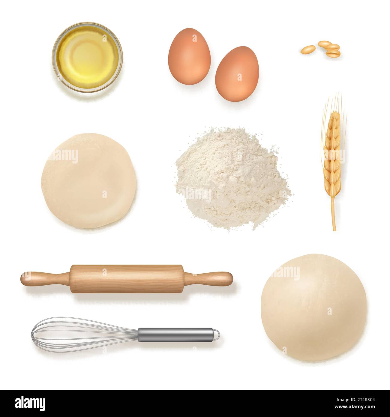 Bakery foods. Ingredients and kitchenware items eggs flour plates decent vector realistic template Stock Vector