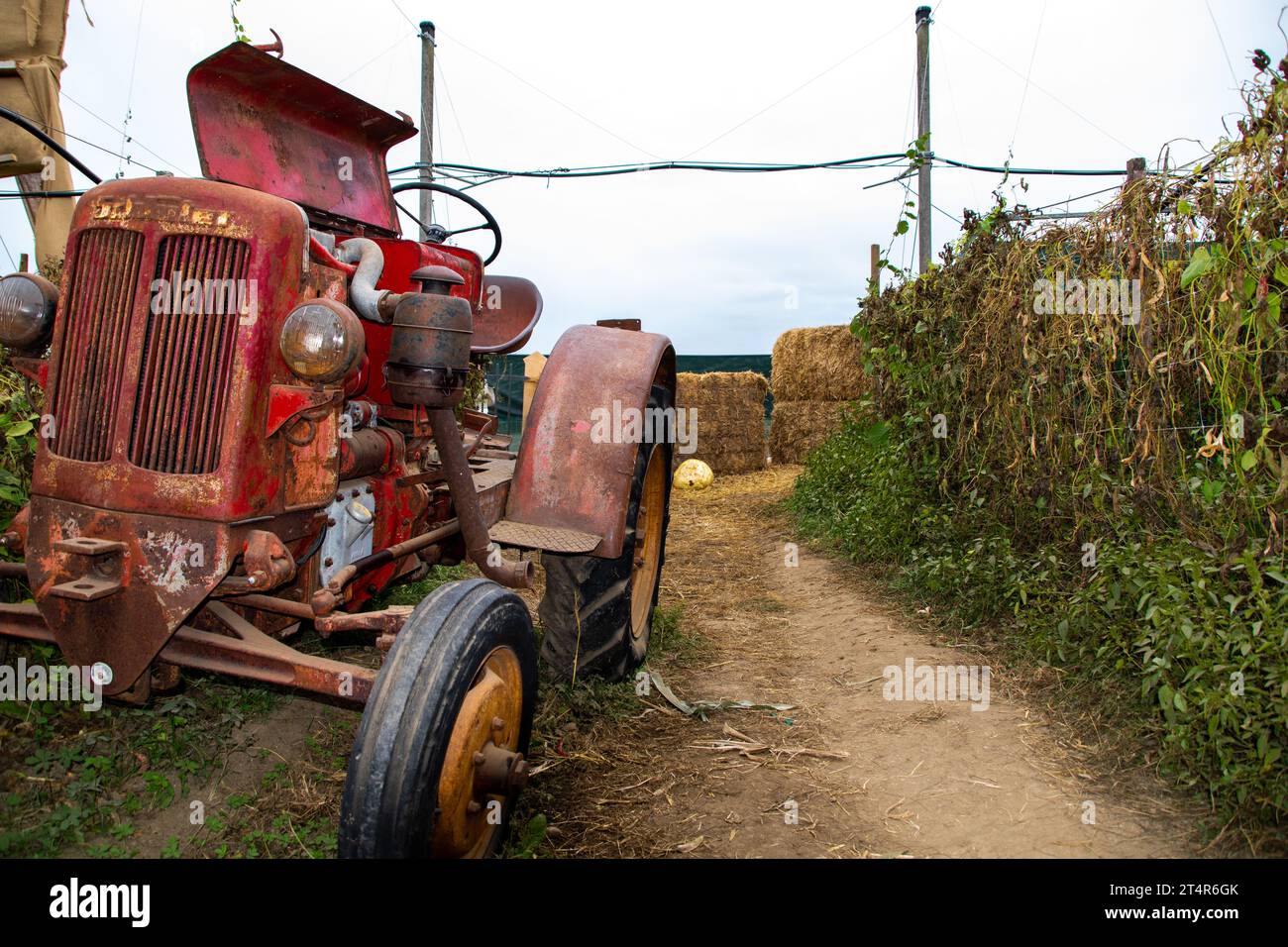 old tractor in a cultivated field Stock Photo