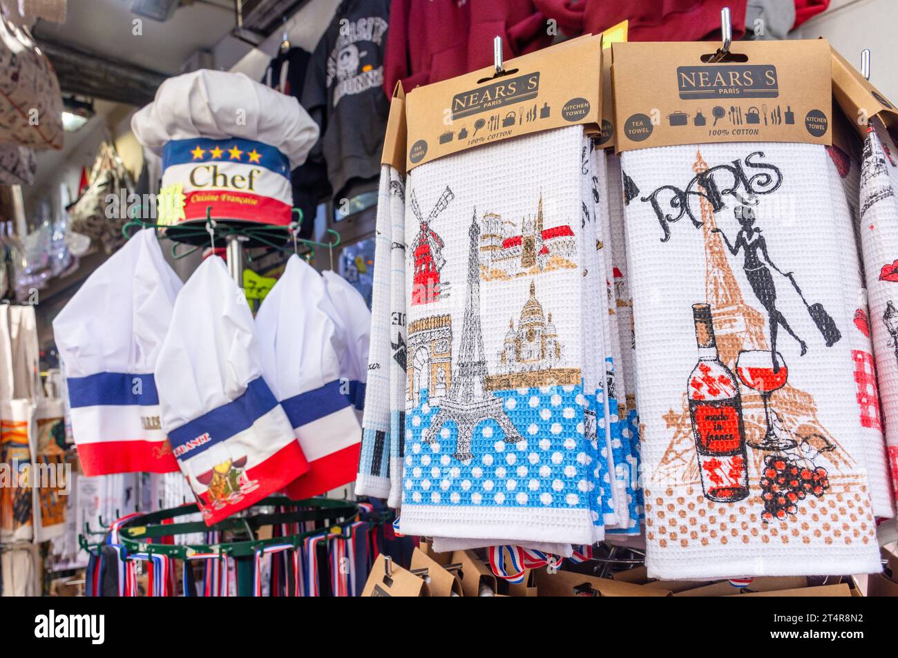 French cuisine souvenirs on display, Rue Lepic, Pigalle District, Paris, Île-de-France, France Stock Photo