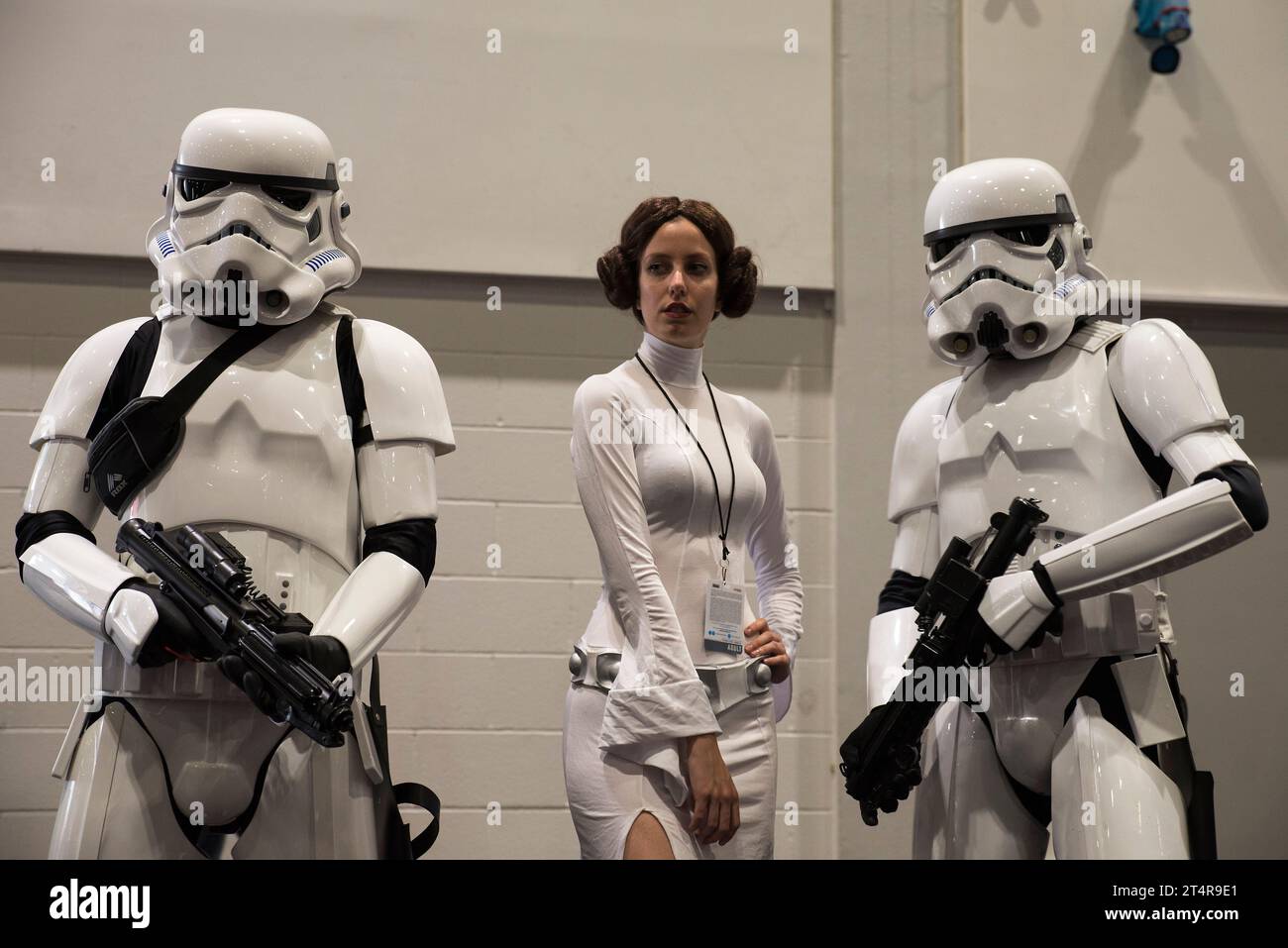 Princess Leia and two Stormtroopers cosplay Stock Photo