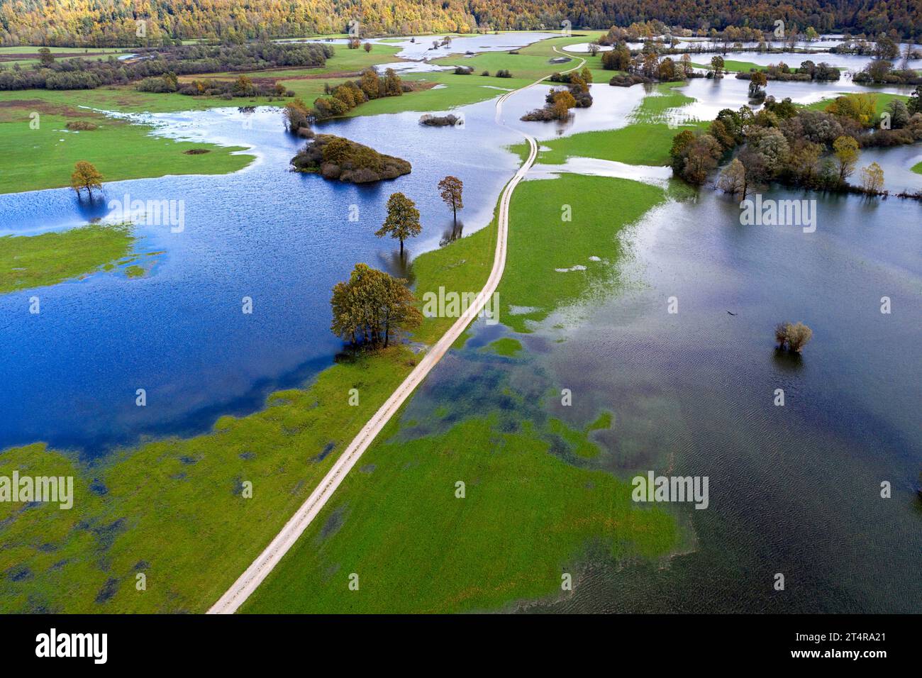 Aerial view of a Planinsko Polje, a typical Karst field created by the Unica River, on a stormy autumn day, Planina, Slovenia Stock Photo