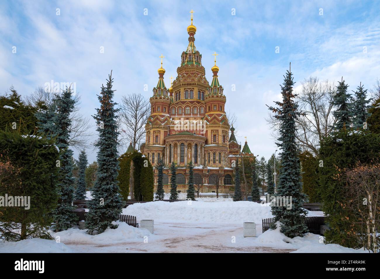 View of the ancient Cathedral of the Apostles Peter and Paul on a February day. Petrodvorets (Peterhof). Saint-Petersburg, Russia Stock Photo