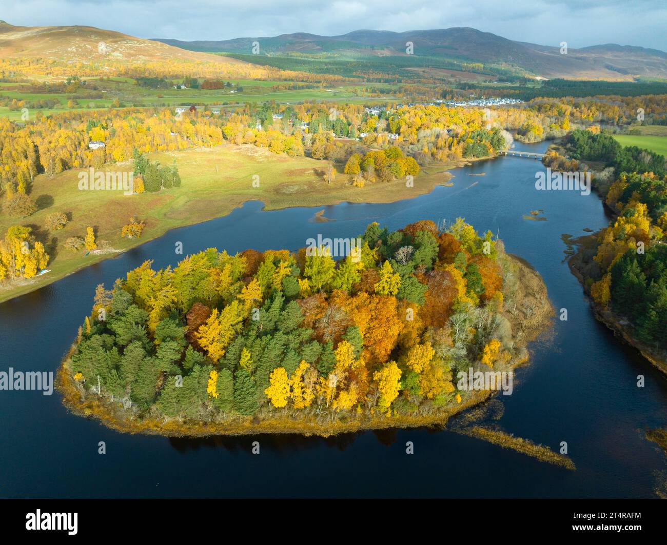 Aerial view of small island Tom Dubh with woodland in autumn colours on Loch Insh at River Spey, Kincraig,  Scottish Highlands, Scotland, UK Stock Photo