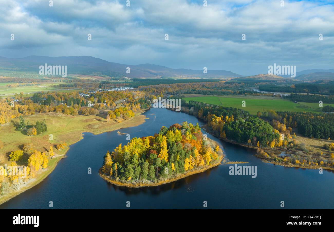 Aerial view of small island Tom Dubh with woodland in autumn colours on Loch Insh at River Spey, Kincraig,  Scottish Highlands, Scotland, UK Stock Photo