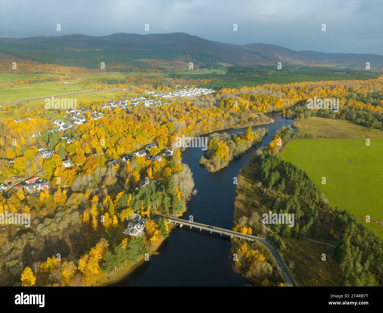 Aerial view of River Spey and autumn colours in woodland at , Kincraig,  Scottish Highlands, Scotland, UK Stock Photo