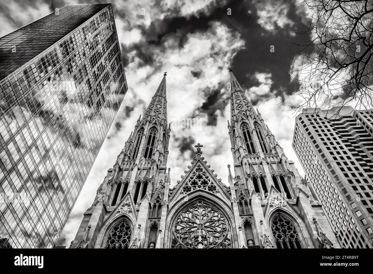 New York City, New York, USA, Jan 15th 2018, view of St Patrick's Cathedral building top between two skyscrapers in Manhattan Stock Photo
