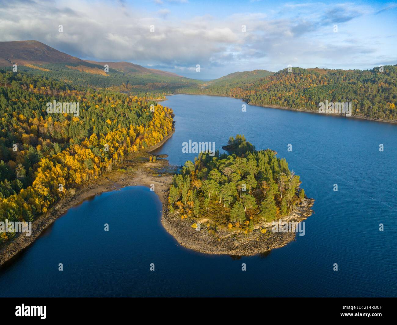 Aerial views of autumnal colours in woodland beside Loch Beinn a Mheadhoin in Glen Affric, Scottish Highlands, Scotland,UK Stock Photo