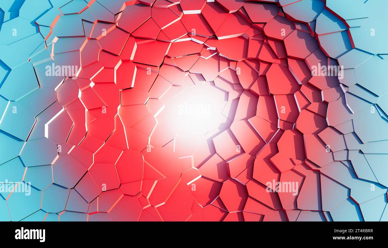 Voronoi fracture effect, floor, destroyed floor, cataclysm, asteroid hitting the ground, background. Cracks and fragments. Textures. Earthquake. 3d Stock Photo
