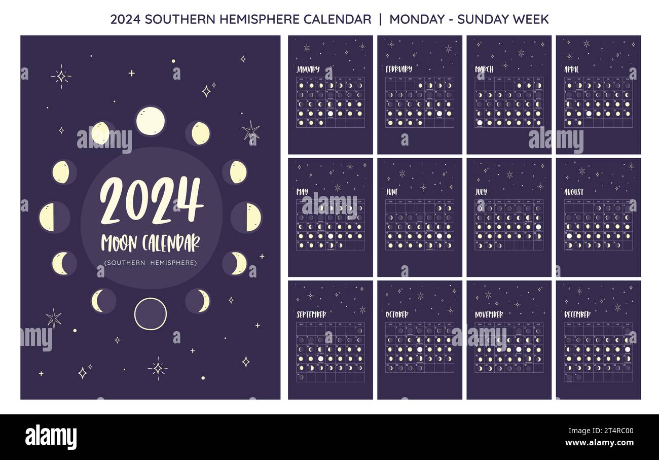 2024 Calendar. Moon phases foreseen from Southern Hemisphere. One month per sheet. Week starts on Monday. EPS Vector. No editable text. Stock Vector
