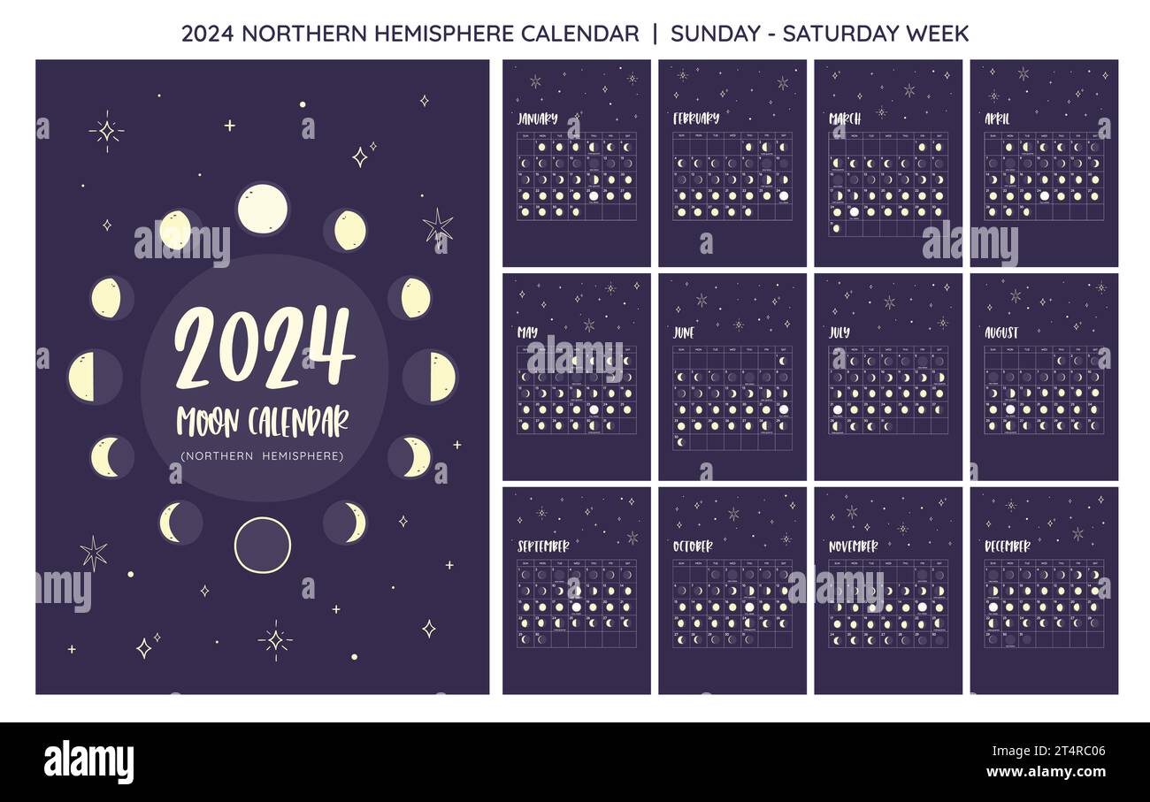 2024 Calendar. Moon phases foreseen from Northern Hemisphere. One month