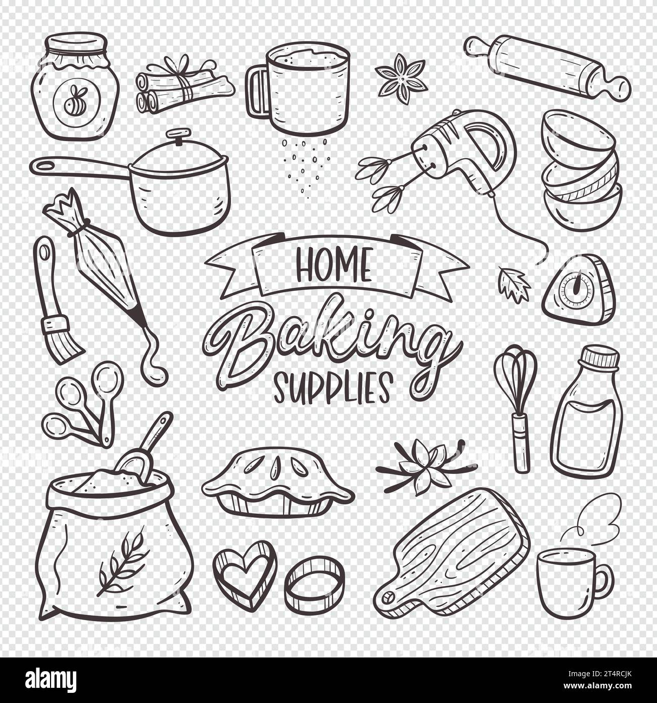 Baking products isolated on white background. Hand-drawn doodle illustration. Home baking supplies. Vector illustration. Set 1 of 2. Stock Vector
