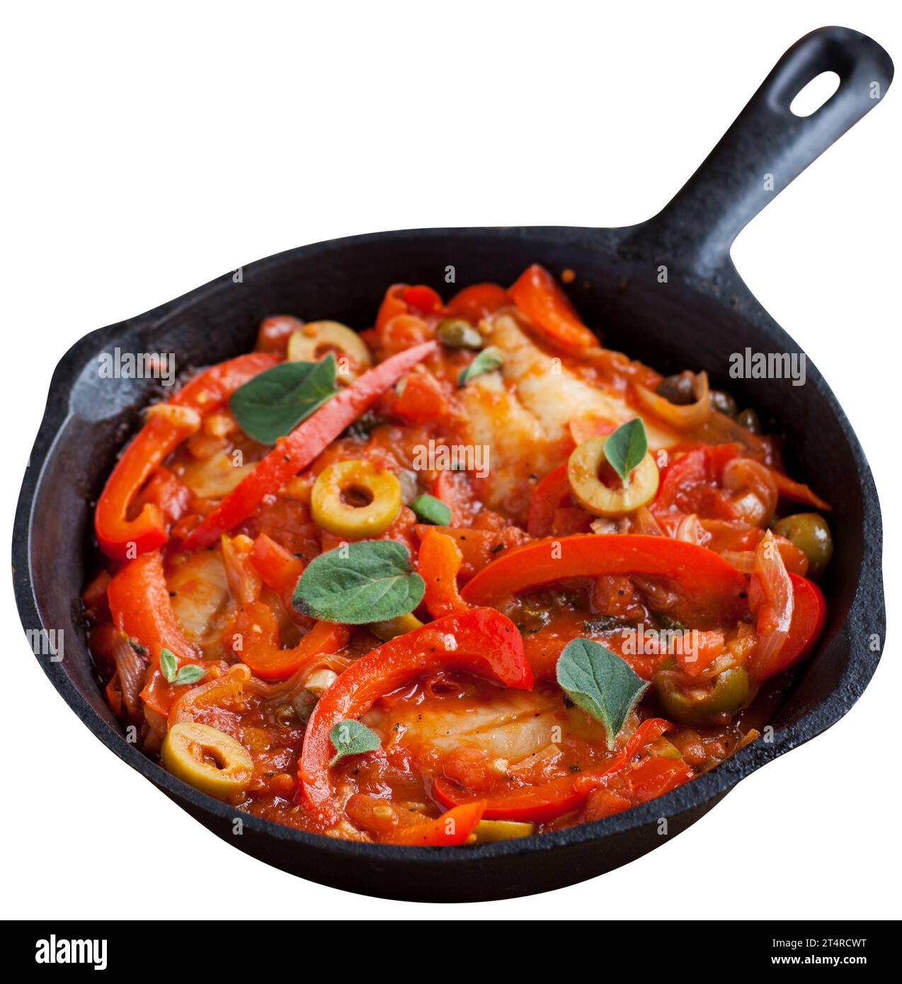 Baked tilapia fish with tomato, pepper, olives and capers served in