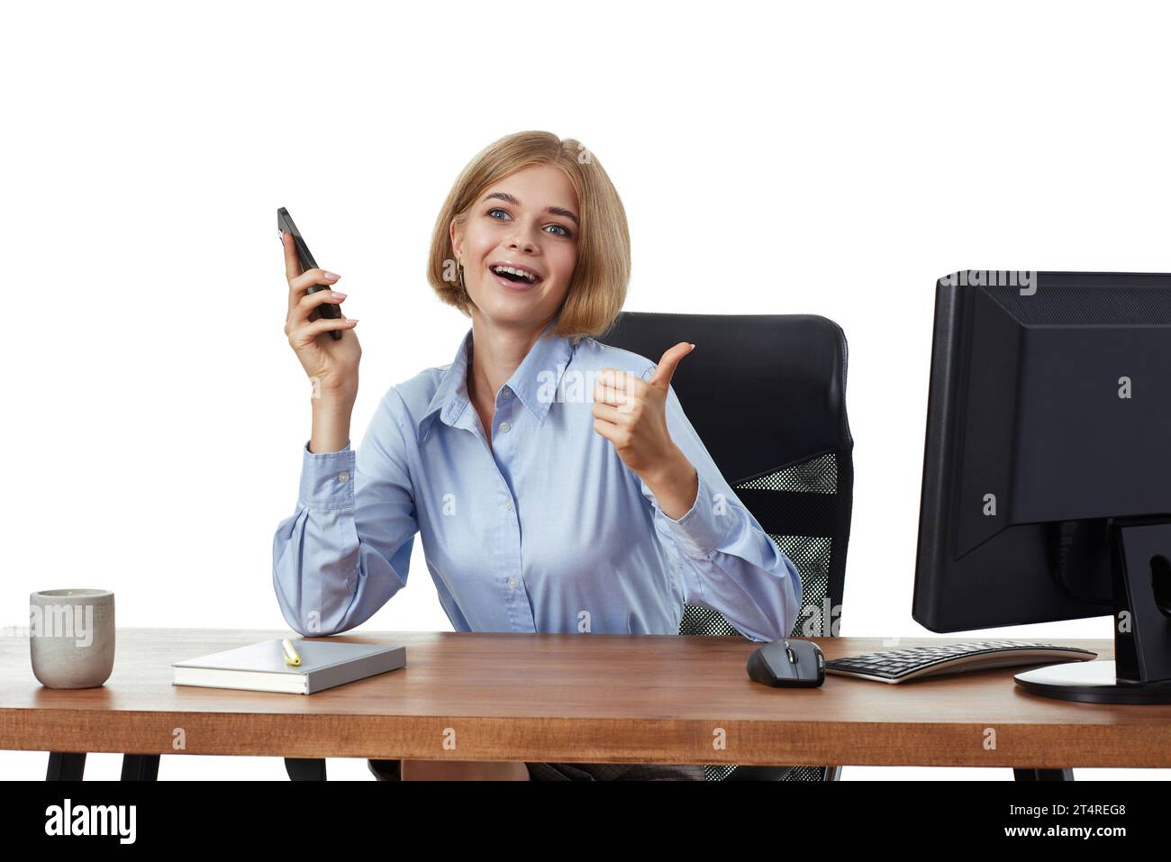 pretty blonde business woman using phone and showing thumbs up gesture ...
