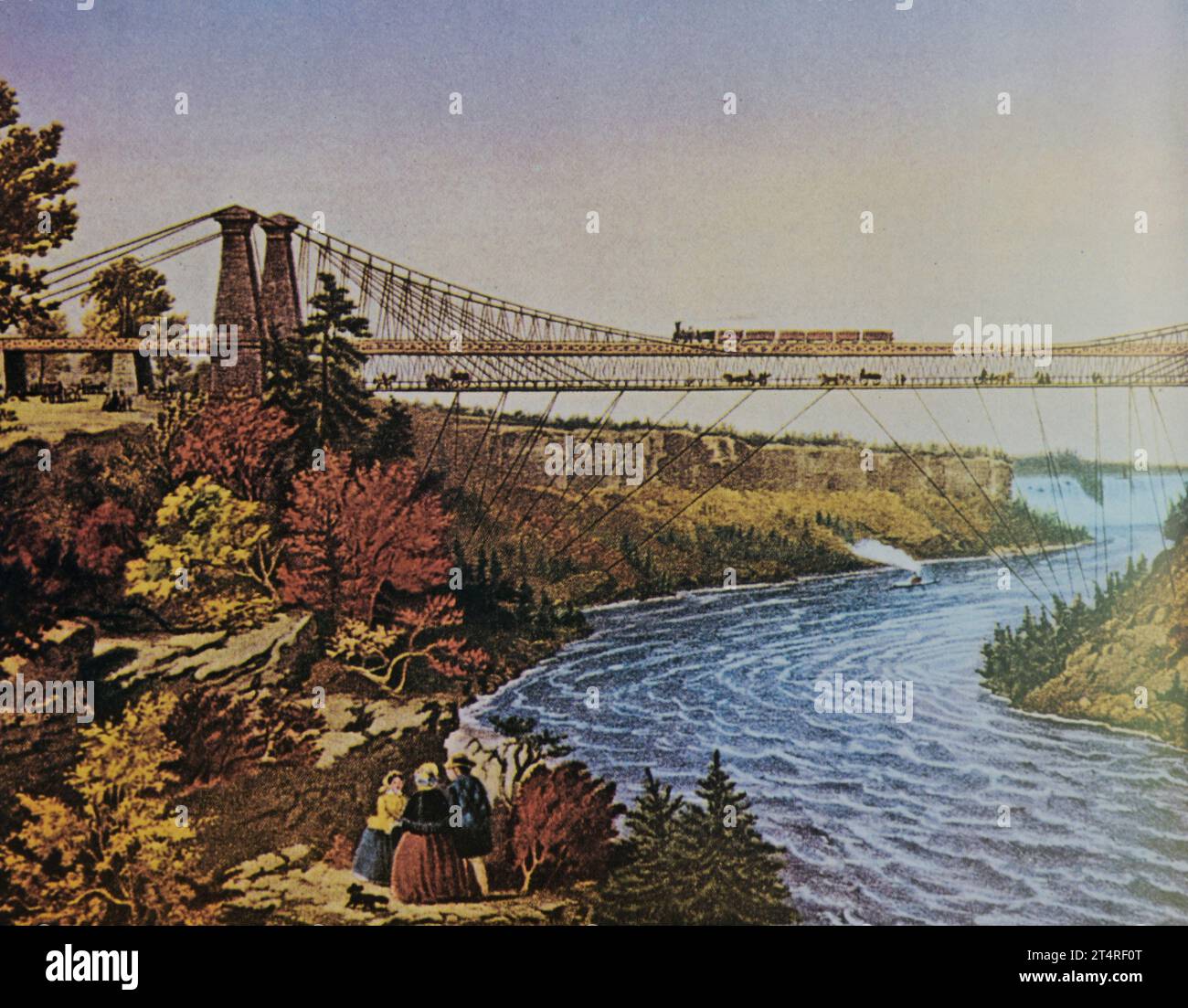 English Print From The 19th Century Showing Suspension Bridges These