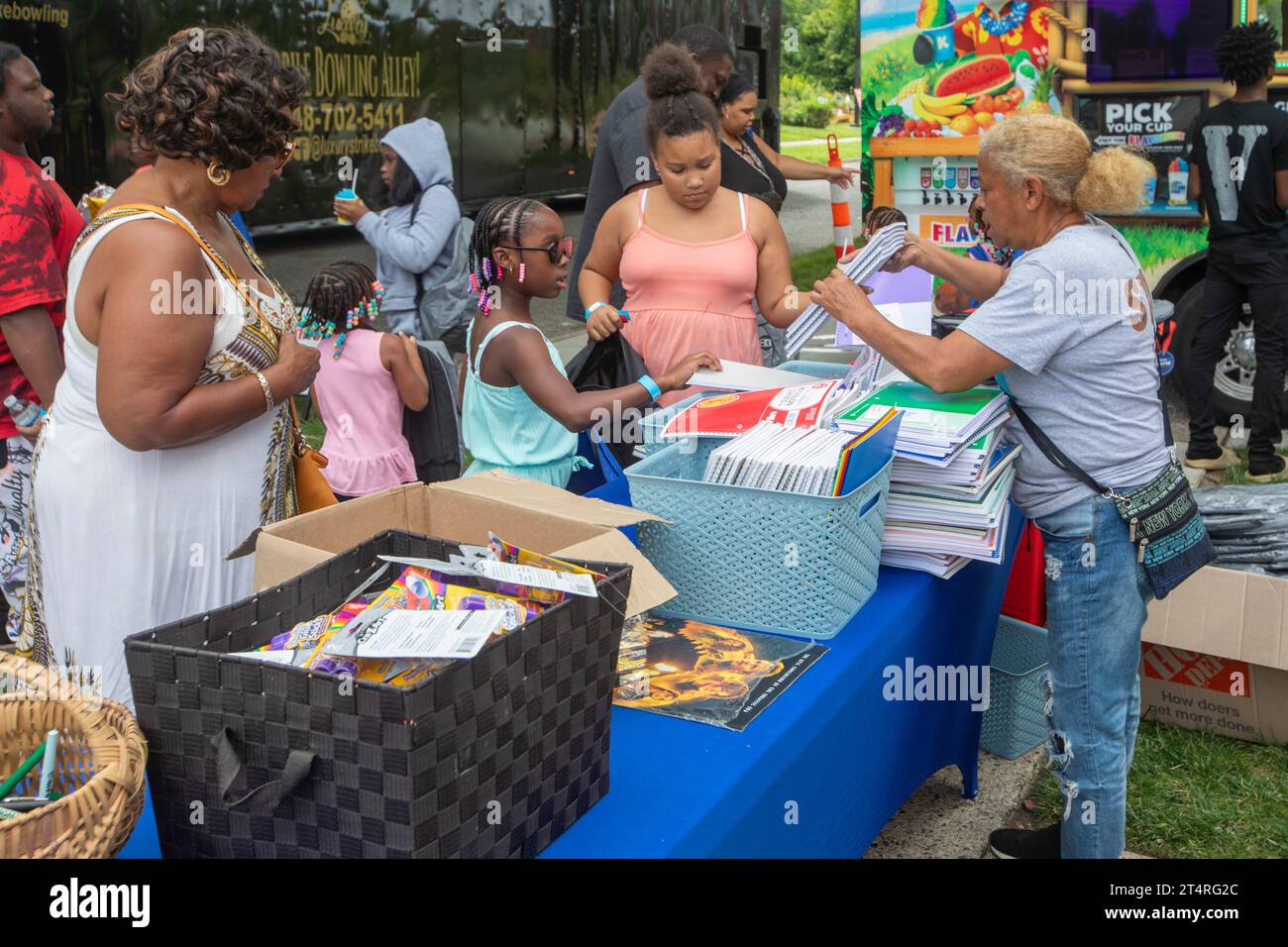 Highland Park, Michigan - The nonprofit Homework House organized a Back to School Day. The event offered free school supplies, along with food and gam Stock Photo