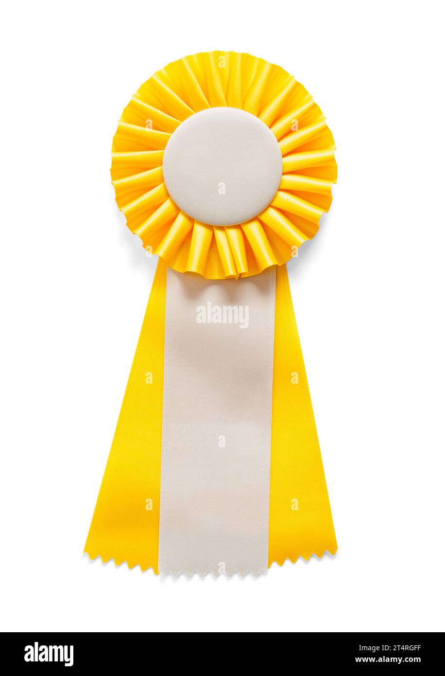 Yellow Award Ribbon with Copy Space Cut Out on White. Stock Photo