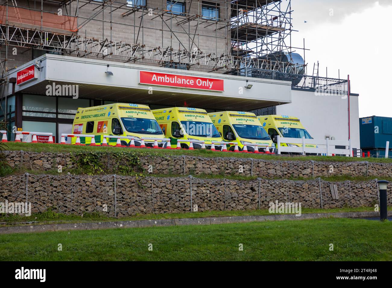 Truro, UK. 1st Nov, 2023. Ambulances wait outside A & E at The Royal Cornwall Hospital in Treliske, Truro on a sunny Day. Patients are having to wait their turn which can be many hours to be taken in to A&E to be seen. Credit: Keith Larby/Alamy Live News Stock Photo