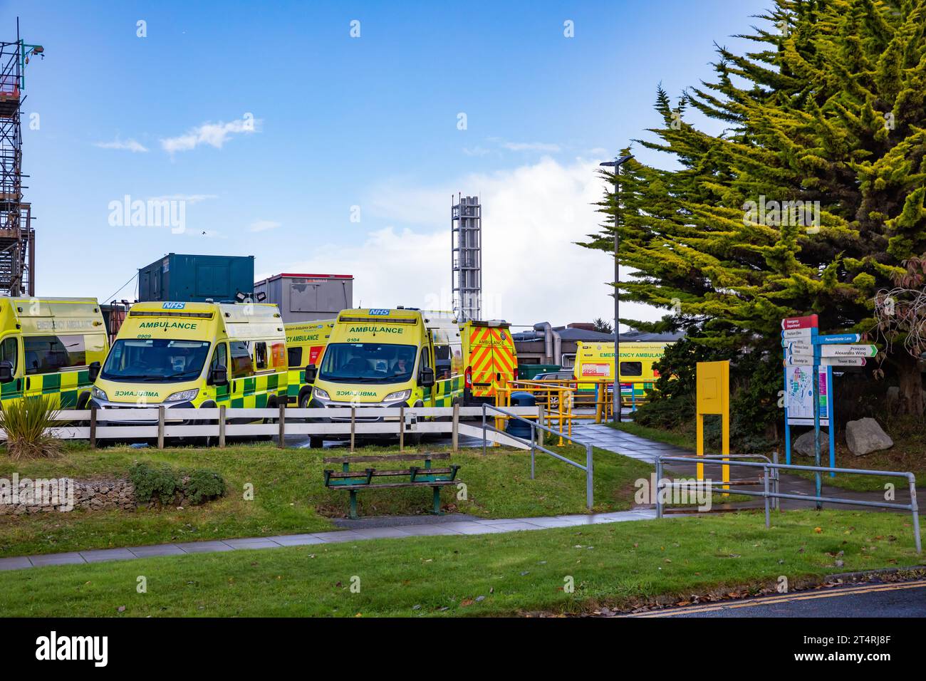 Truro, UK. 1st Nov, 2023. Ambulances wait outside A & E at The Royal Cornwall Hospital in Treliske, Truro on a sunny Day. Patients are having to wait their turn which can be many hours to be taken in to A&E to be seen. Credit: Keith Larby/Alamy Live News Stock Photo