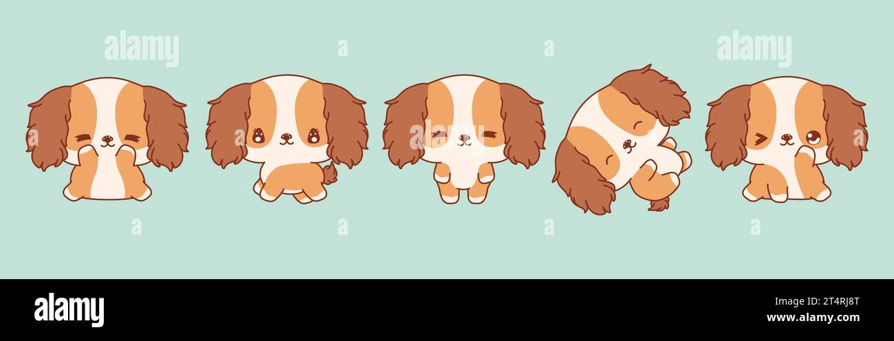 Set of Kawaii Isolated Cocker Spaniel Puppy. Collection of Vector Cartoon Animal Illustrations for Stickers, Baby Shower, Coloring Pages, Prints for Stock Vector