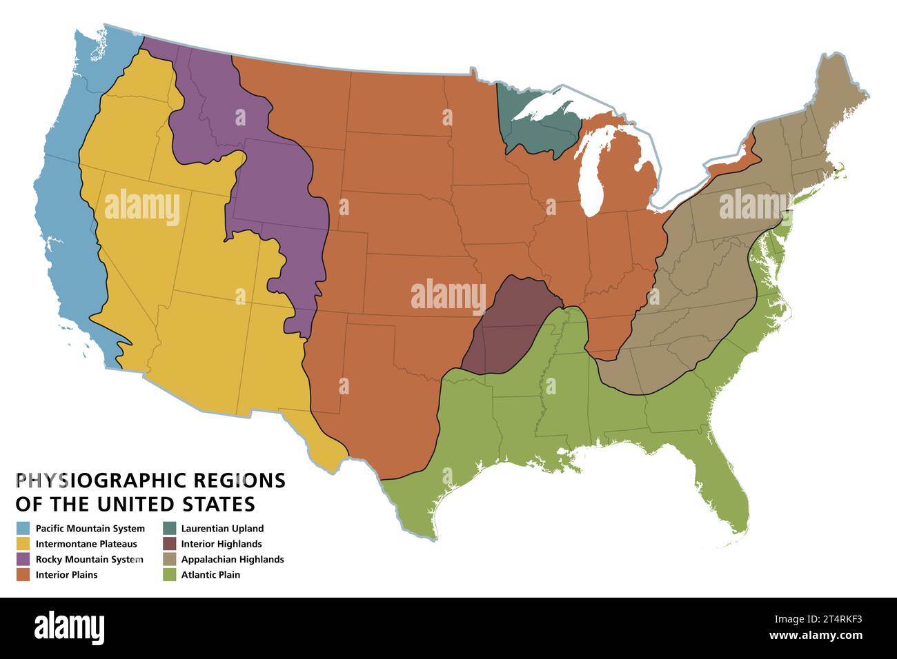 Physiographic regions of the United States, political map. The physiographic divisions of the contiguous United States comprise eight divisions. Stock Photo