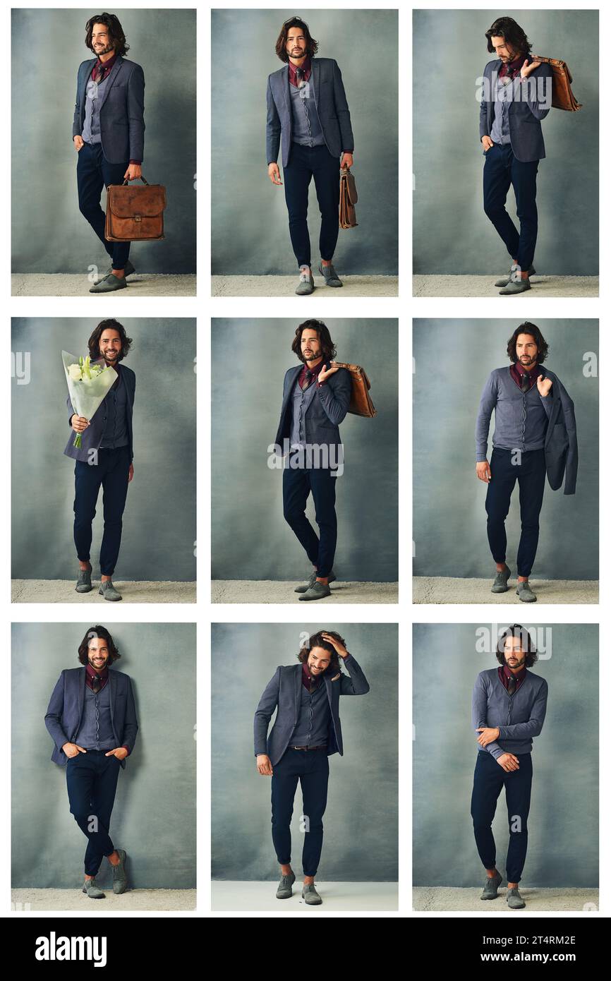 Nine times the cool. Composite studio shots of a stylishly dressed handsome young man. Stock Photo